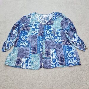 Susan Graver‎ Blouse 1XP Passport Blue Patchwork Floral Pleated Boho Top